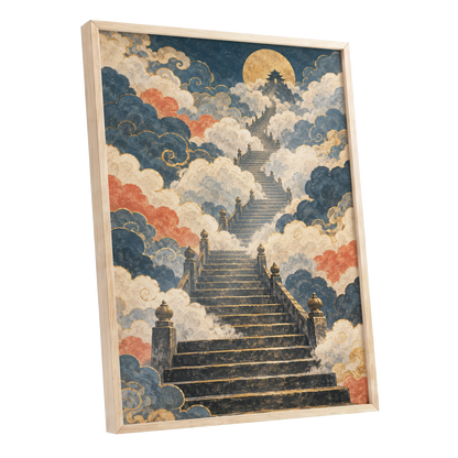 Golden Cloud Ascent, blue, beige, gold abstract wall art shown as a oak framed poster wall art print