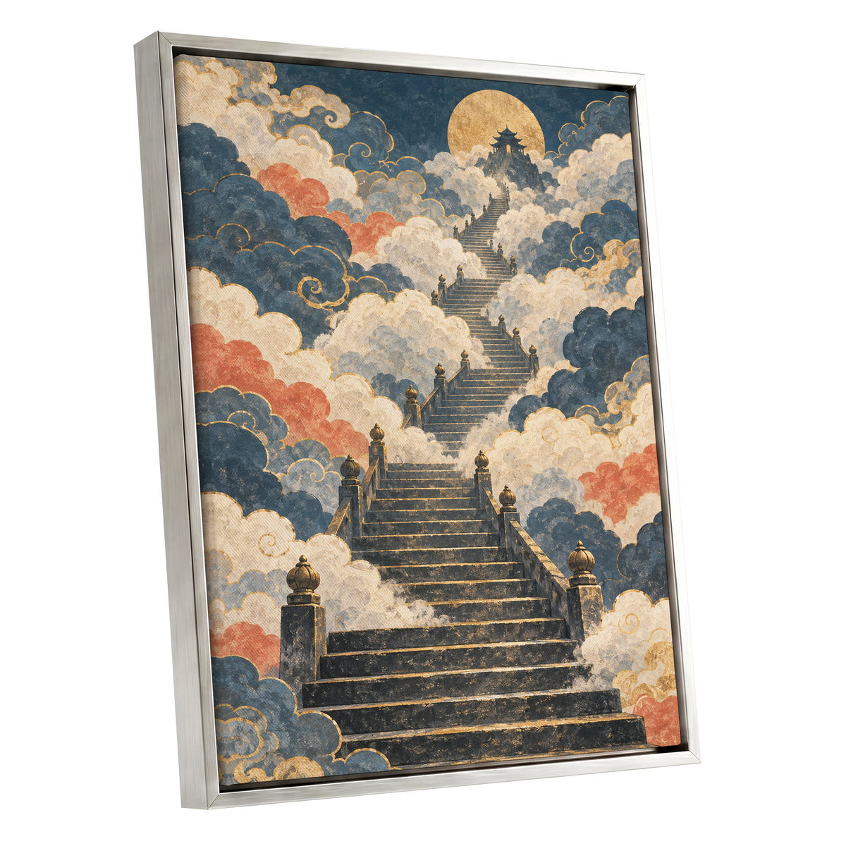 Golden Cloud Ascent, blue, beige, gold abstract wall art shown as a silver framed canvas wall art