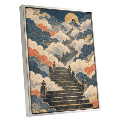 Golden Cloud Ascent, blue, beige, gold abstract wall art shown as a silver framed canvas wall art