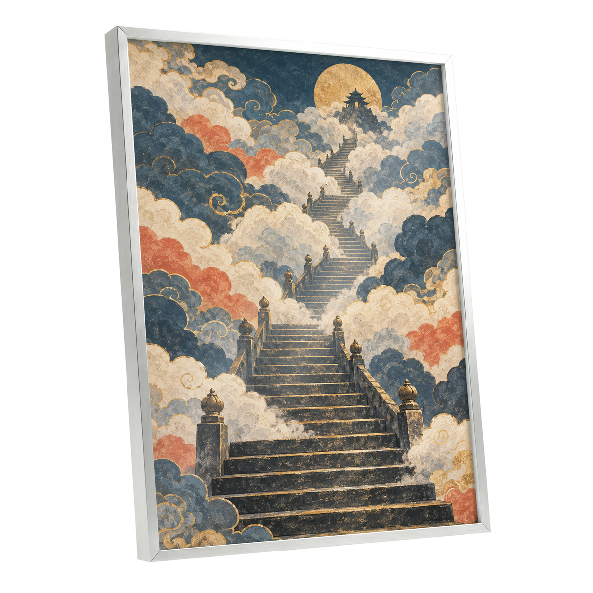 Golden Cloud Ascent, blue, beige, gold abstract wall art shown as a silver framed poster wall art print