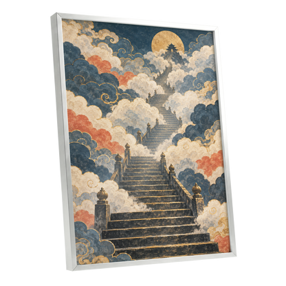 Golden Cloud Ascent, blue, beige, gold abstract wall art shown as a silver framed poster wall art print
