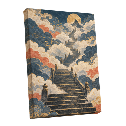 Golden Cloud Ascent, blue, beige, gold abstract wall art shown as a stretched canvas wall art