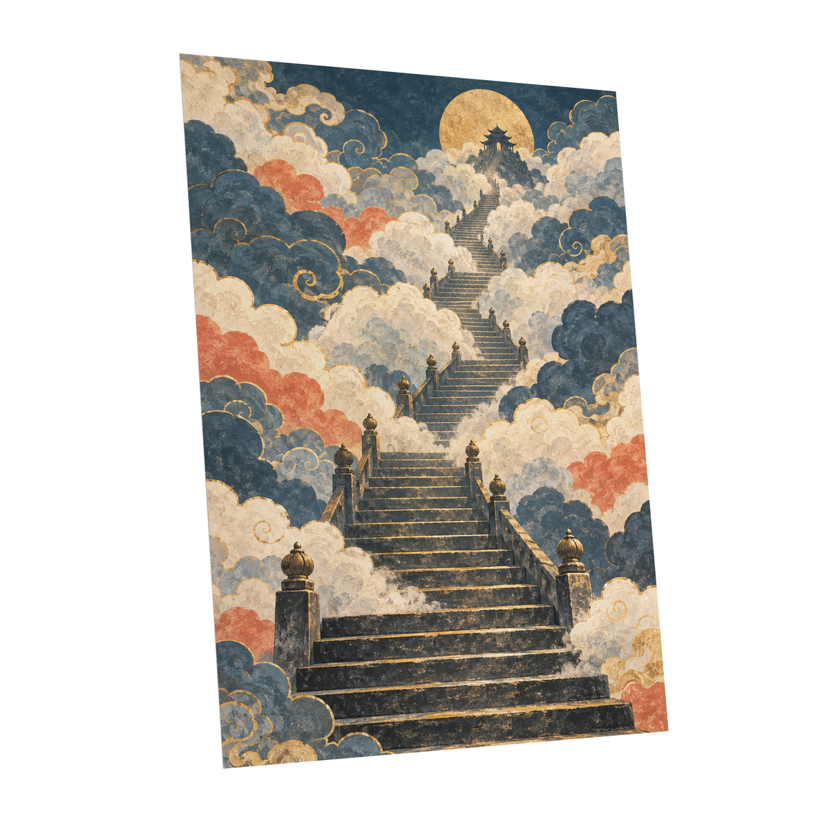 Golden Cloud Ascent, blue, beige, gold abstract wall art shown as a unframed poster wall art print