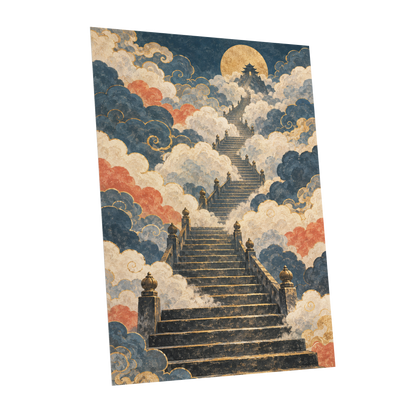 Golden Cloud Ascent, blue, beige, gold abstract wall art shown as a unframed poster wall art print