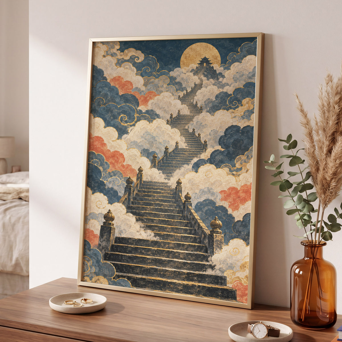 Golden Cloud Ascent, blue, beige, gold abstract wall art displayed in a styled interior, gallery view 2