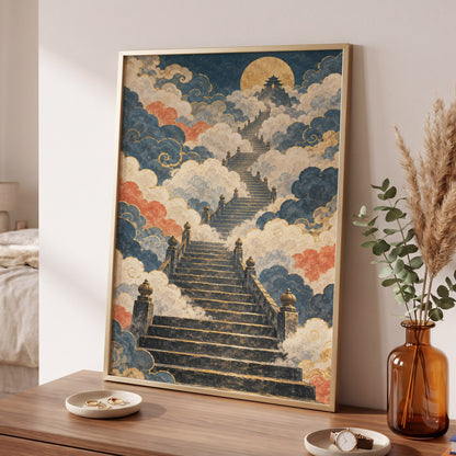 Golden Cloud Ascent, blue, beige, gold abstract wall art displayed in a styled interior, gallery view 2
