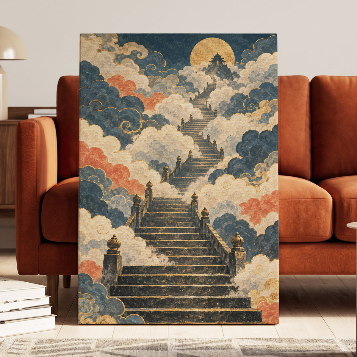 Golden Cloud Ascent, blue, beige, gold abstract wall art displayed in a styled interior, gallery view 3