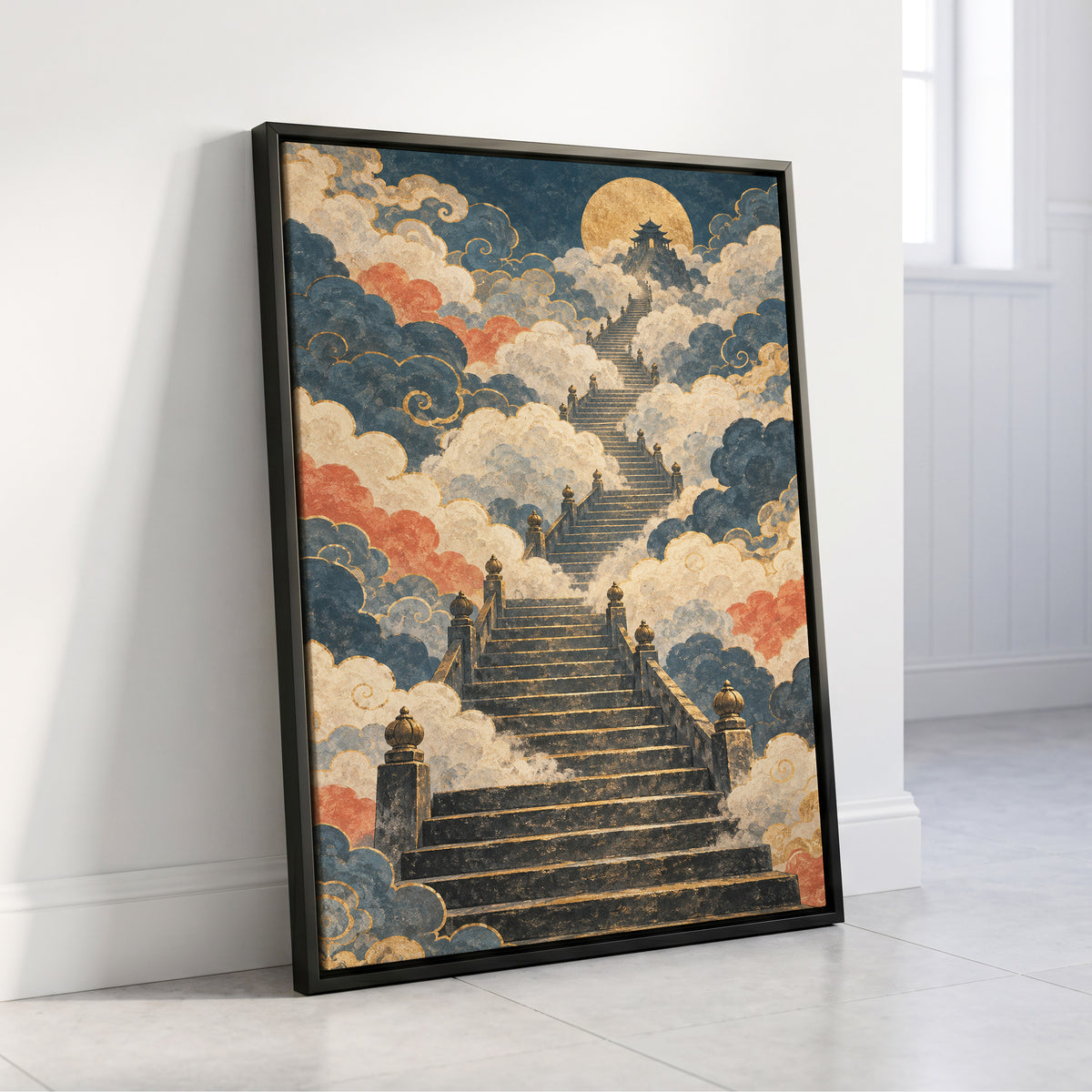 Golden Cloud Ascent, blue, beige, gold abstract wall art displayed in a styled interior, gallery view 4