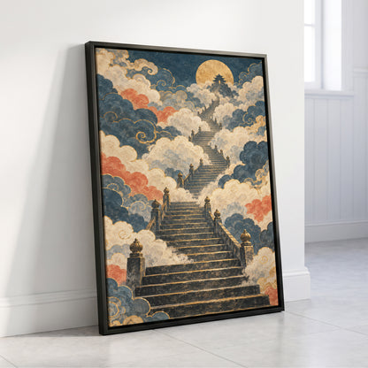Golden Cloud Ascent, blue, beige, gold abstract wall art displayed in a styled interior, gallery view 4