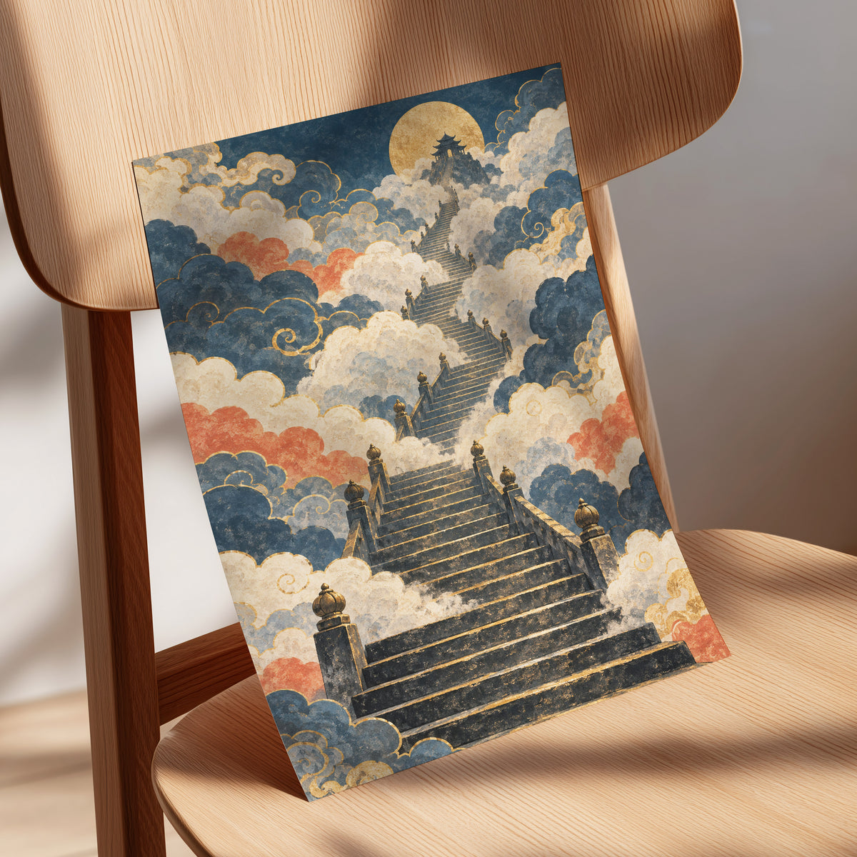 Golden Cloud Ascent, blue, beige, gold abstract wall art displayed in a styled interior, gallery view 5
