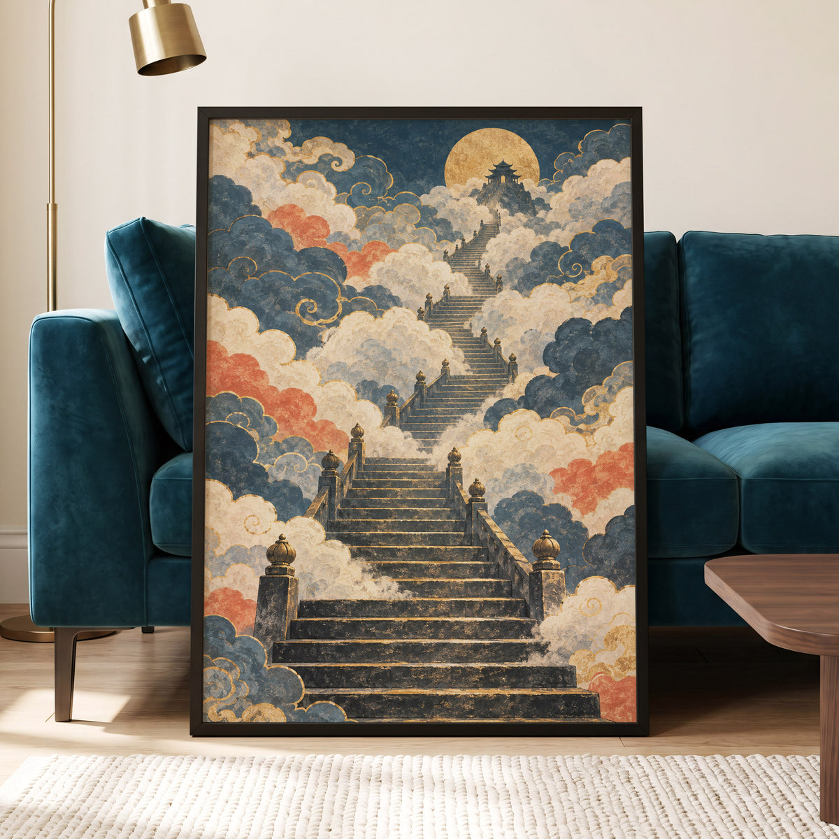 Golden Cloud Ascent, blue, beige, gold abstract wall art displayed in a styled interior, gallery view 6