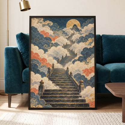 Golden Cloud Ascent, blue, beige, gold abstract wall art displayed in a styled interior, gallery view 6
