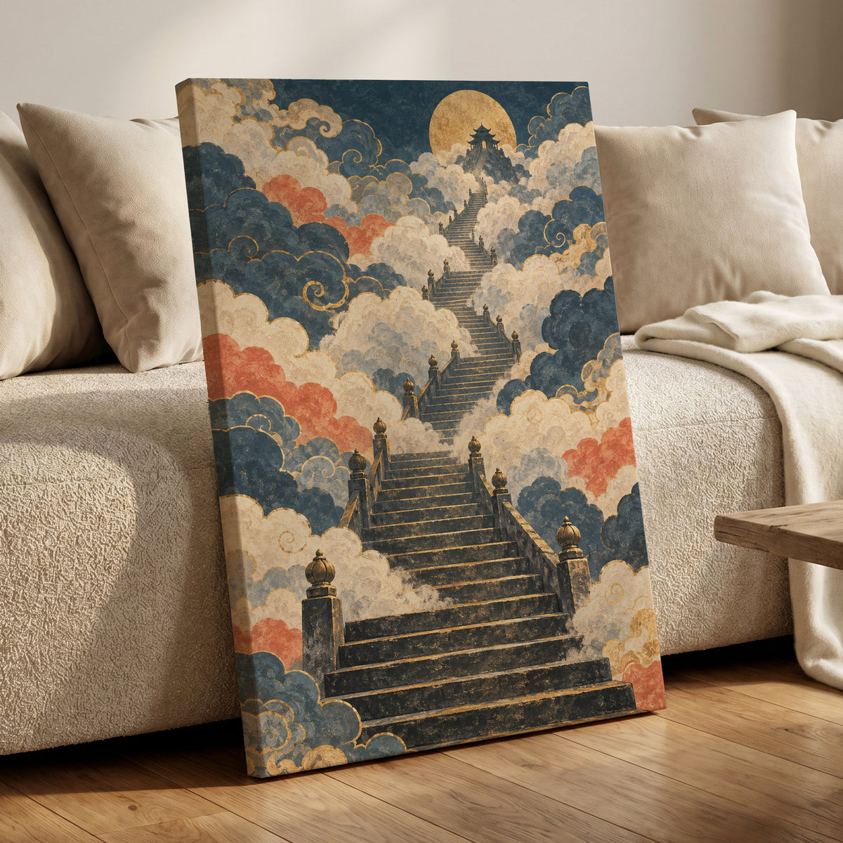 Golden Cloud Ascent, blue, beige, gold abstract wall art displayed in a styled interior, gallery view 7