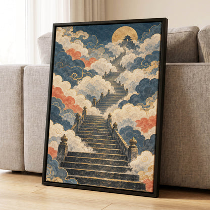 Golden Cloud Ascent, blue, beige, gold abstract wall art displayed in a styled interior, gallery view 8