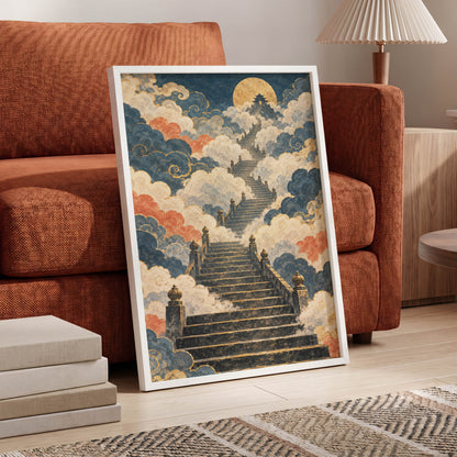 Golden Cloud Ascent, blue, beige, gold abstract wall art displayed in a styled interior, gallery view 9