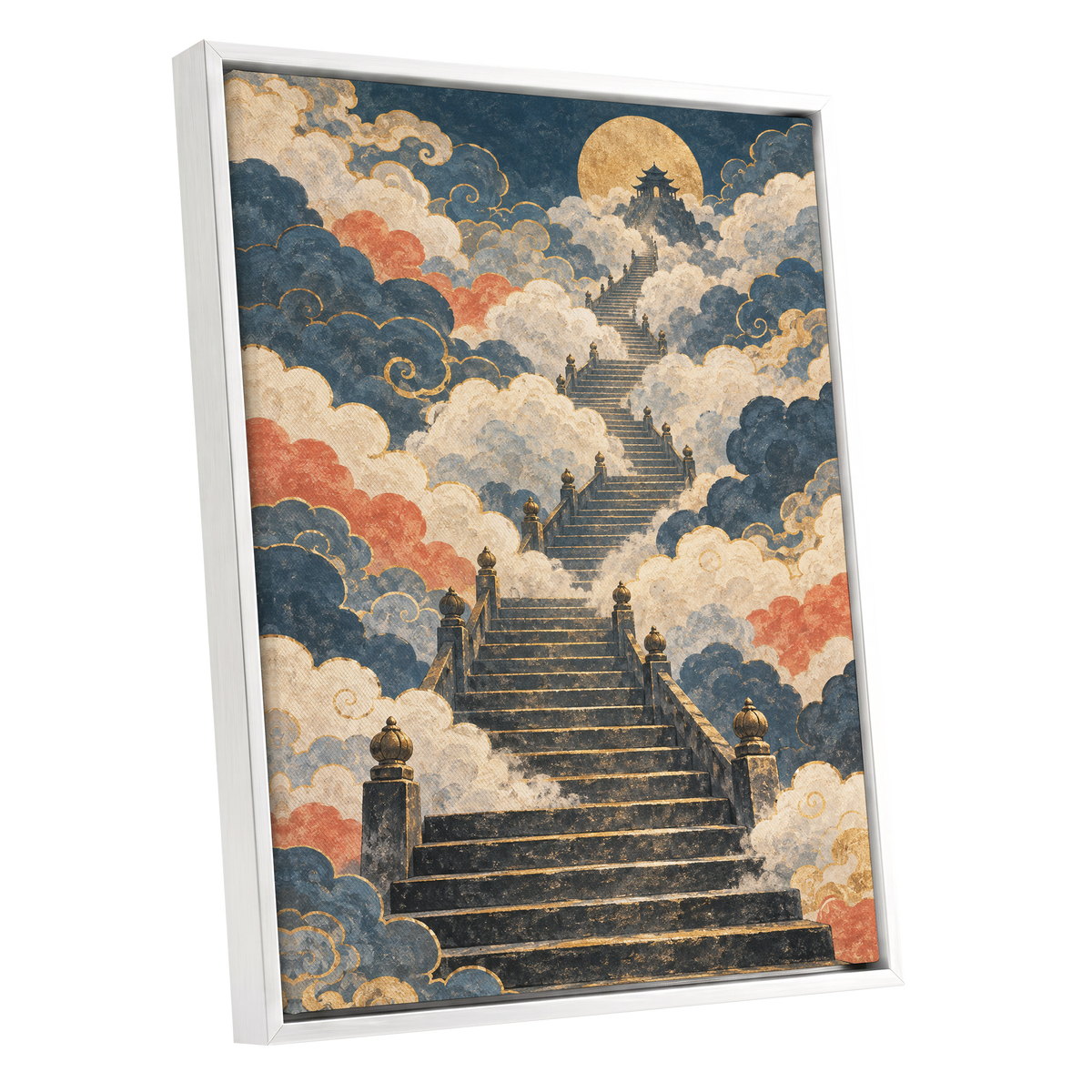 Golden Cloud Ascent, blue, beige, gold abstract wall art shown as a white framed canvas wall art