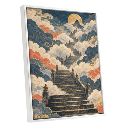Golden Cloud Ascent, blue, beige, gold abstract wall art shown as a white framed canvas wall art