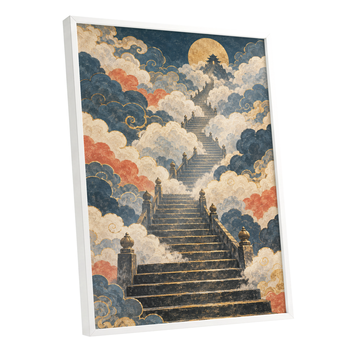 Golden Cloud Ascent, blue, beige, gold abstract wall art shown as a white framed poster wall art print