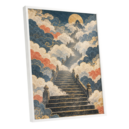 Golden Cloud Ascent, blue, beige, gold abstract wall art shown as a white framed poster wall art print