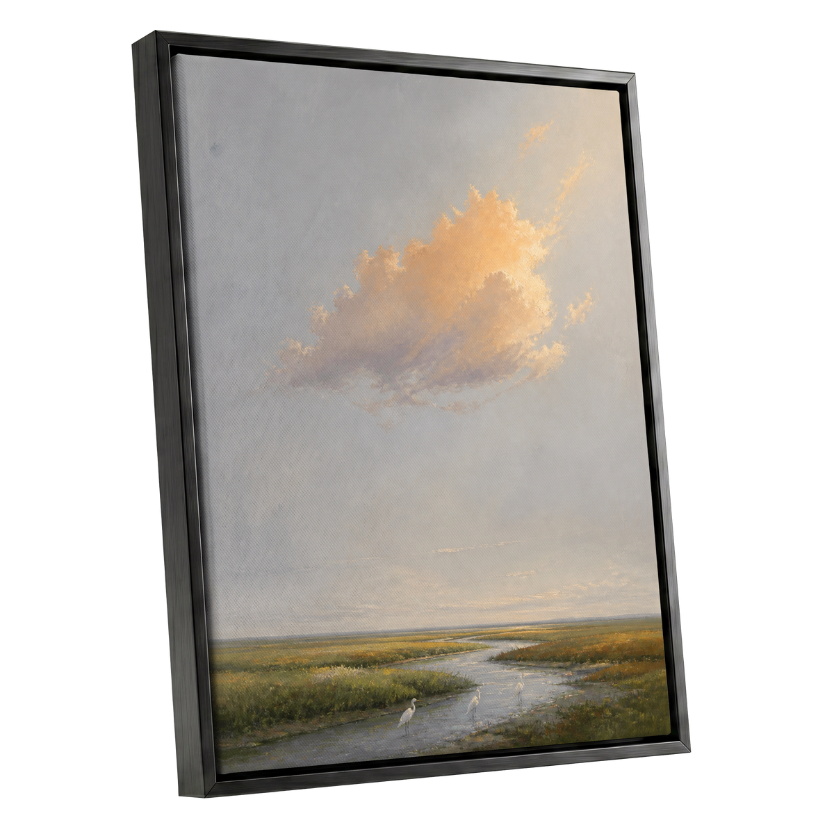 Golden Cloud Over Marsh, gray, gold, green nature wall art shown as a black framed canvas wall art