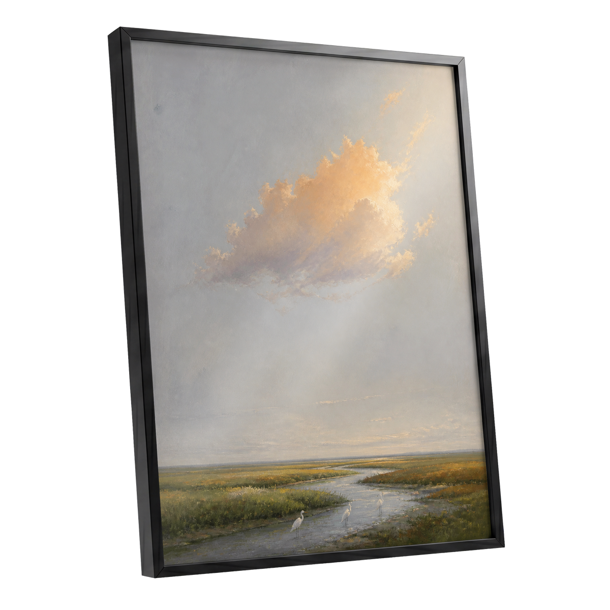 Golden Cloud Over Marsh, gray, gold, green nature wall art shown as a black framed poster wall art print