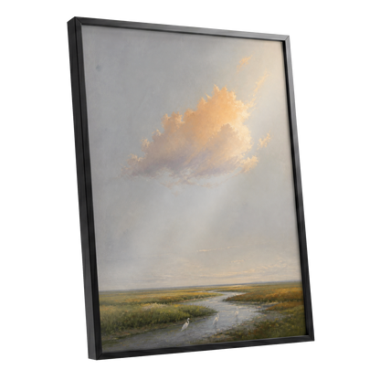 Golden Cloud Over Marsh, gray, gold, green nature wall art shown as a black framed poster wall art print