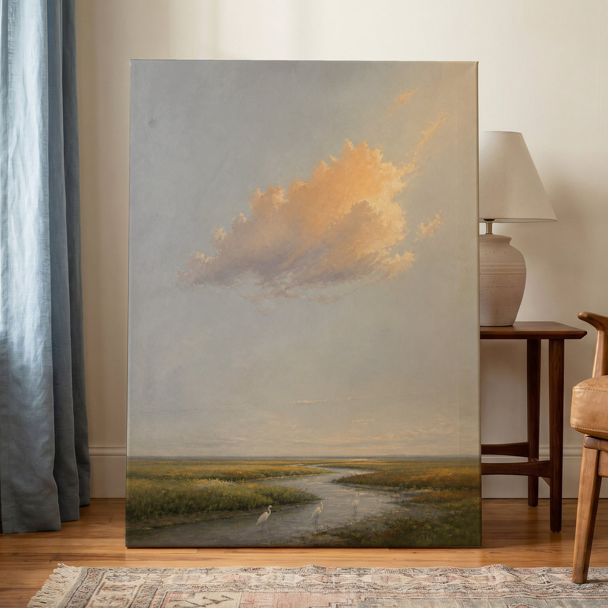 Golden Cloud Over Marsh, gray, gold, green nature wall art on canvas displayed in a styled interior, gallery view 1