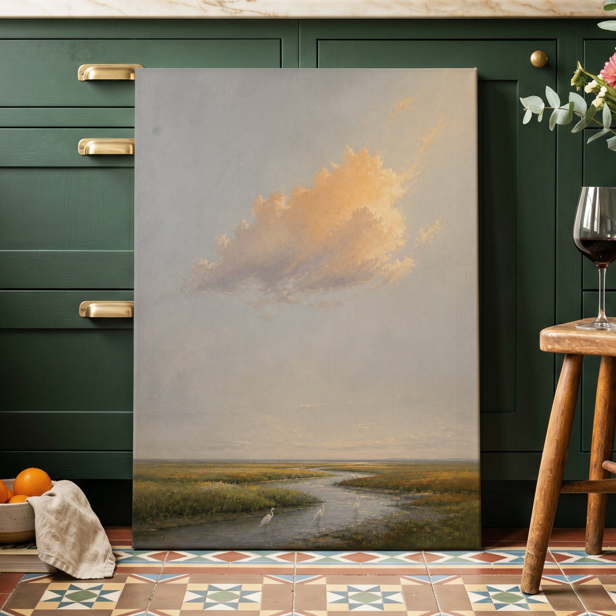Golden Cloud Over Marsh, gray, gold, green nature wall art on canvas displayed in a styled interior, gallery view 2