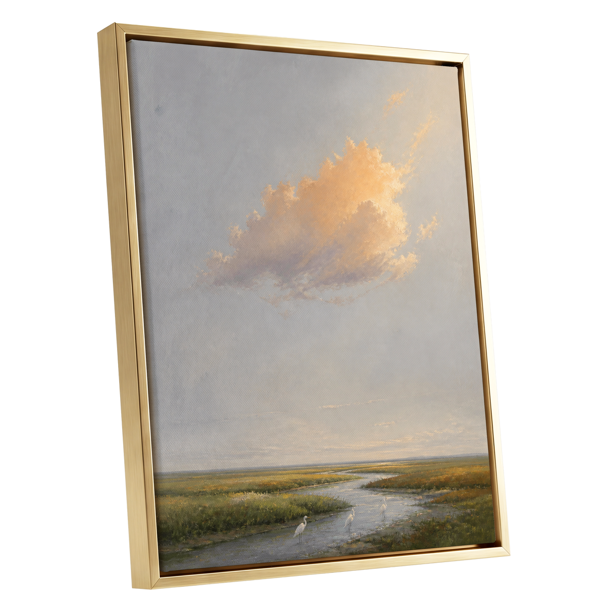 Golden Cloud Over Marsh, gray, gold, green nature wall art shown as a gold framed canvas wall art