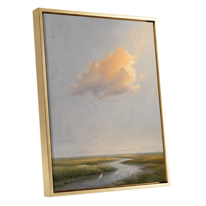 Golden Cloud Over Marsh, gray, gold, green nature wall art shown as a gold framed canvas wall art