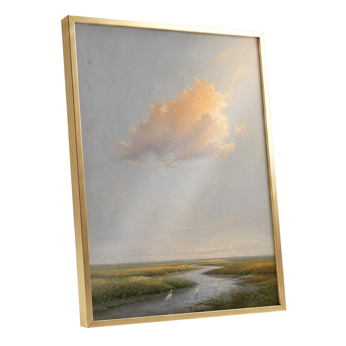 Golden Cloud Over Marsh, gray, gold, green nature wall art shown as a gold framed poster wall art print