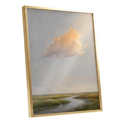 Golden Cloud Over Marsh, gray, gold, green nature wall art shown as a gold framed poster wall art print