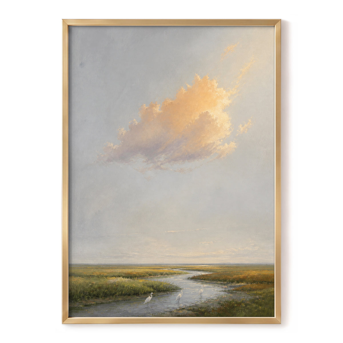 Golden Cloud Over Marsh, gray, gold, green nature wall art, front artwork view