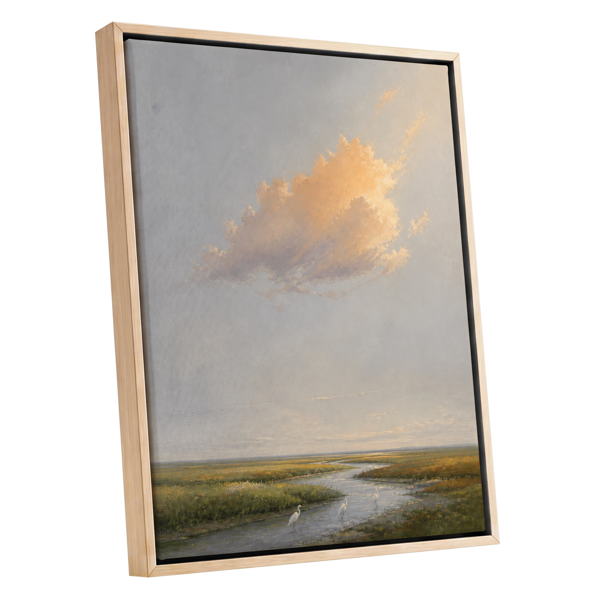 Golden Cloud Over Marsh, gray, gold, green nature wall art shown as a oak framed canvas wall art