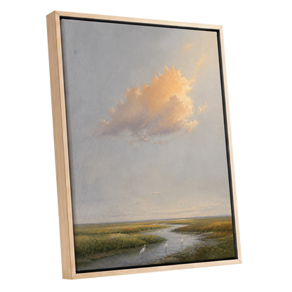 Golden Cloud Over Marsh, gray, gold, green nature wall art shown as a oak framed canvas wall art