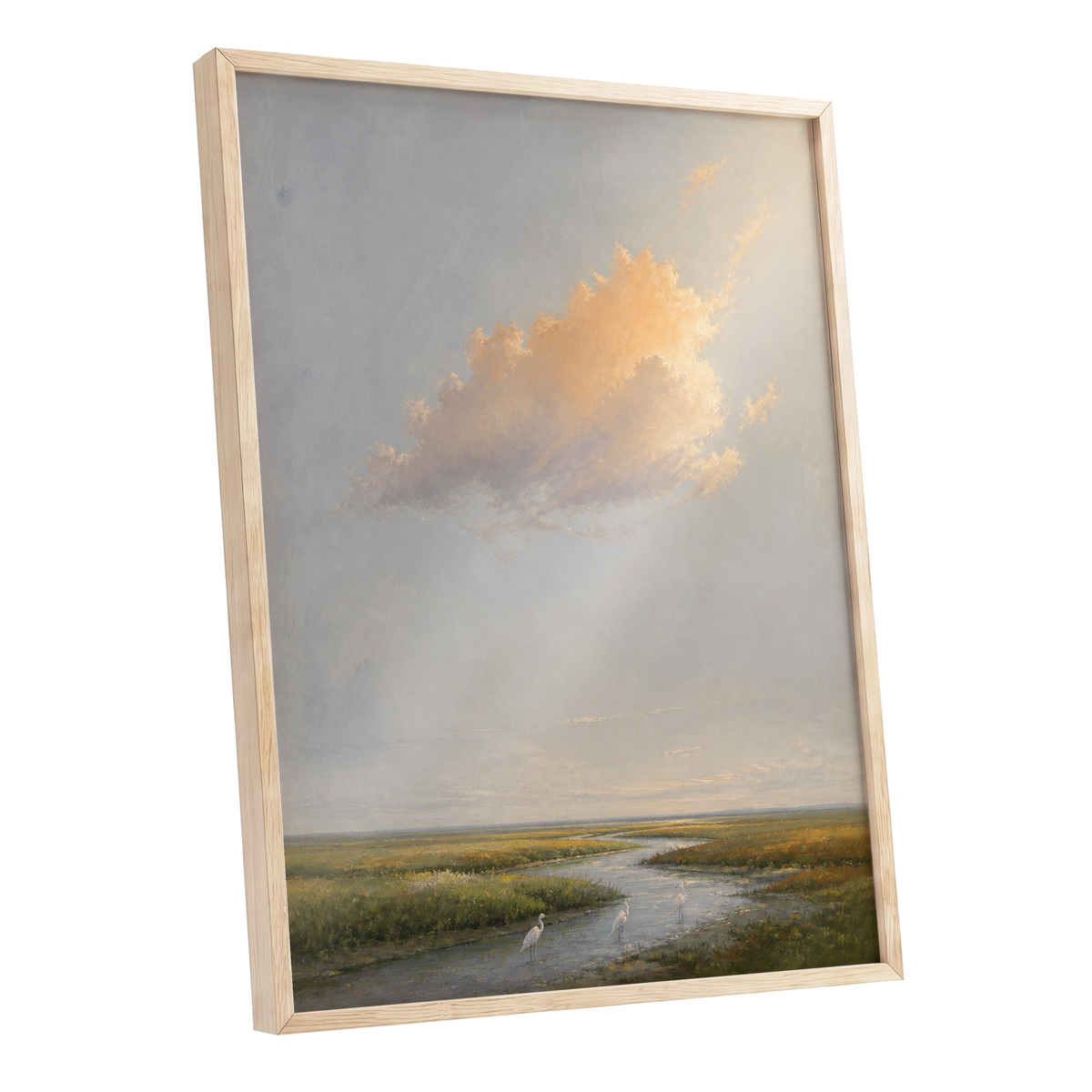 Golden Cloud Over Marsh, gray, gold, green nature wall art shown as a oak framed poster wall art print