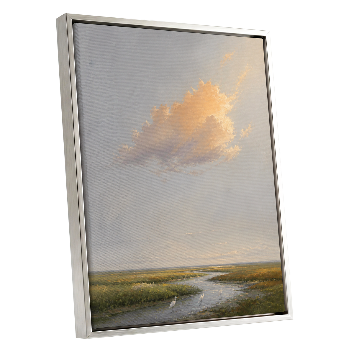Golden Cloud Over Marsh, gray, gold, green nature wall art shown as a silver framed canvas wall art