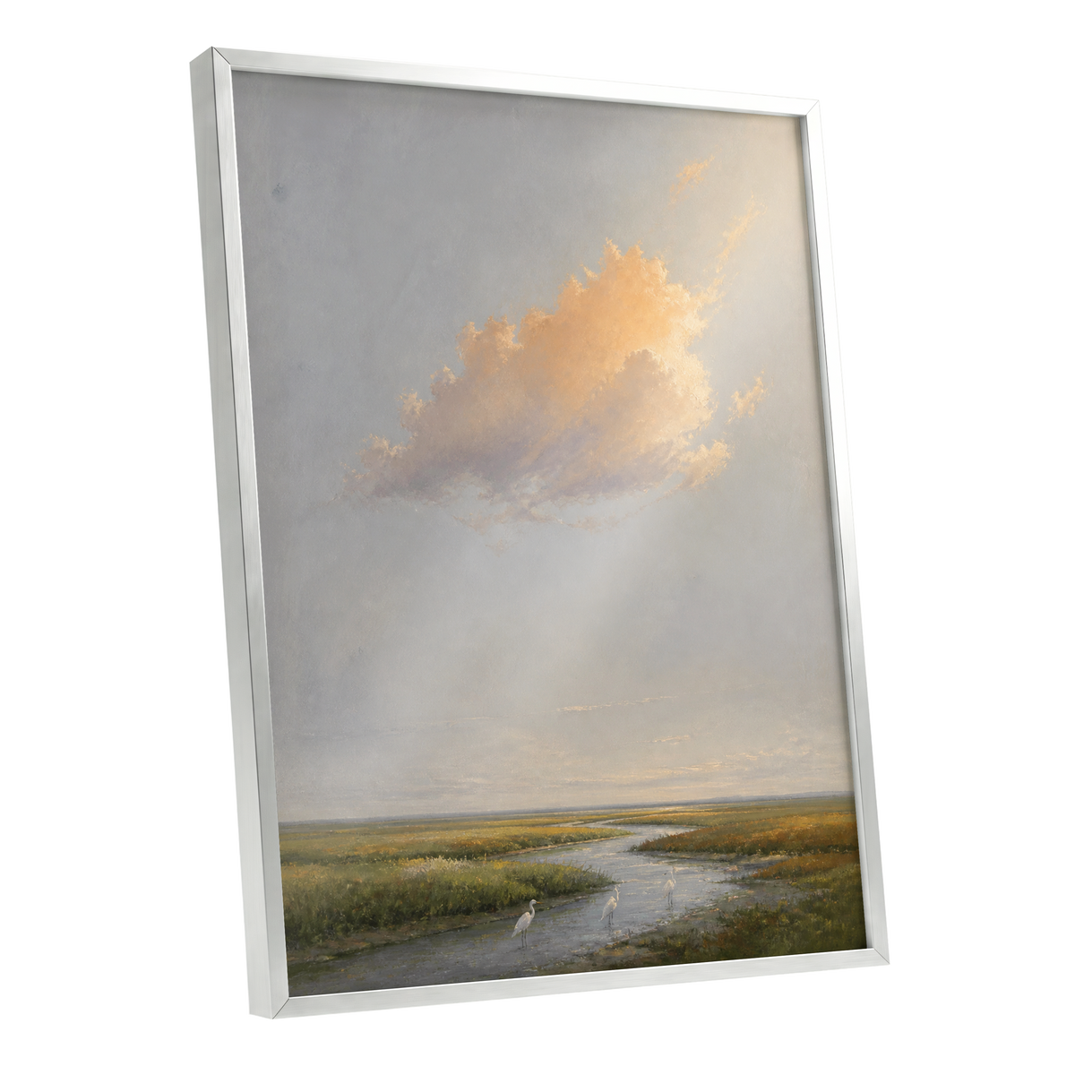 Golden Cloud Over Marsh, gray, gold, green nature wall art shown as a silver framed poster wall art print