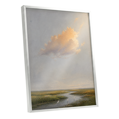 Golden Cloud Over Marsh, gray, gold, green nature wall art shown as a silver framed poster wall art print