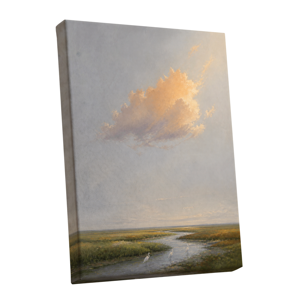 Golden Cloud Over Marsh, gray, gold, green nature wall art shown as a stretched canvas wall art