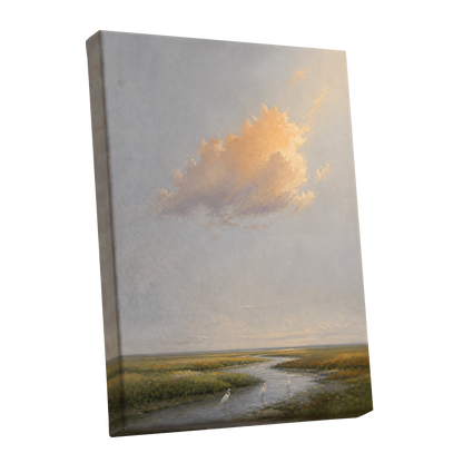 Golden Cloud Over Marsh, gray, gold, green nature wall art shown as a stretched canvas wall art