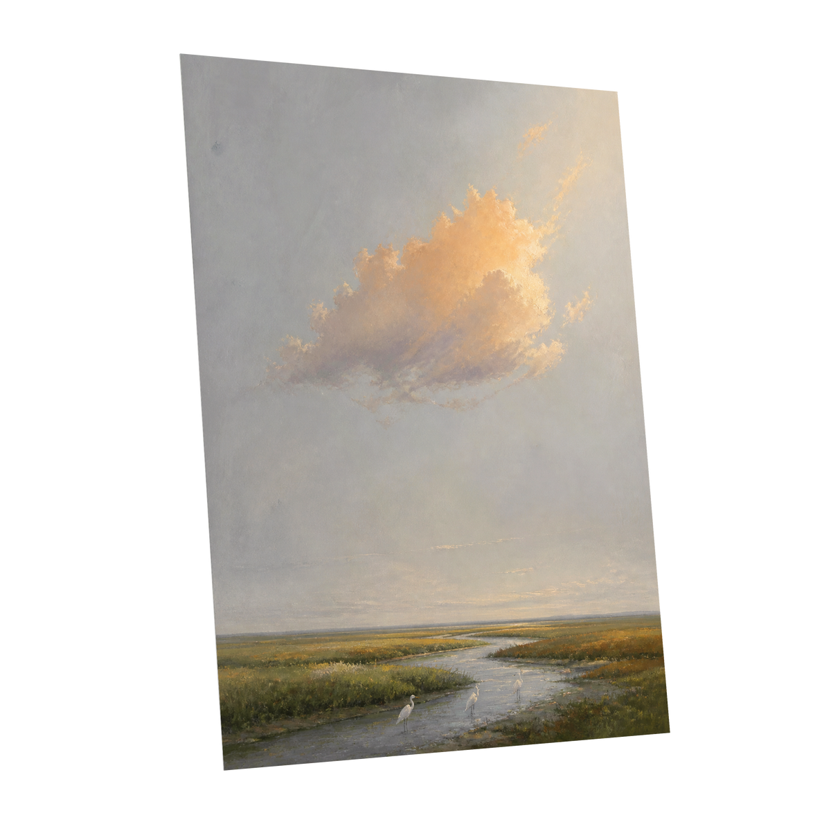Golden Cloud Over Marsh, gray, gold, green nature wall art shown as a unframed poster wall art print