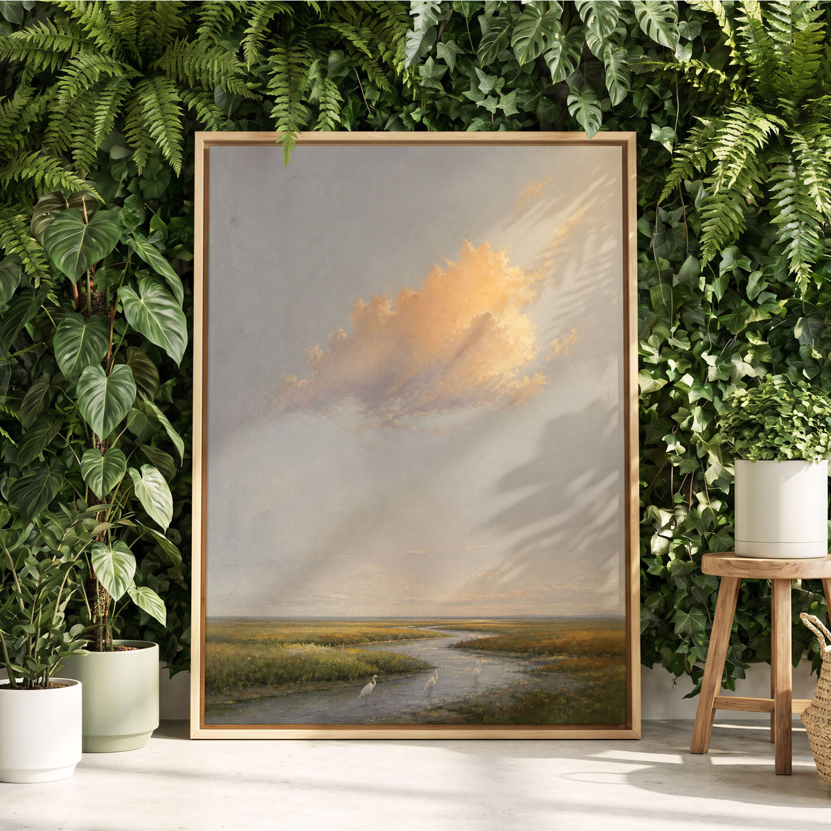 Golden Cloud Over Marsh, gray, gold, green nature wall art displayed in a styled interior, gallery view 1