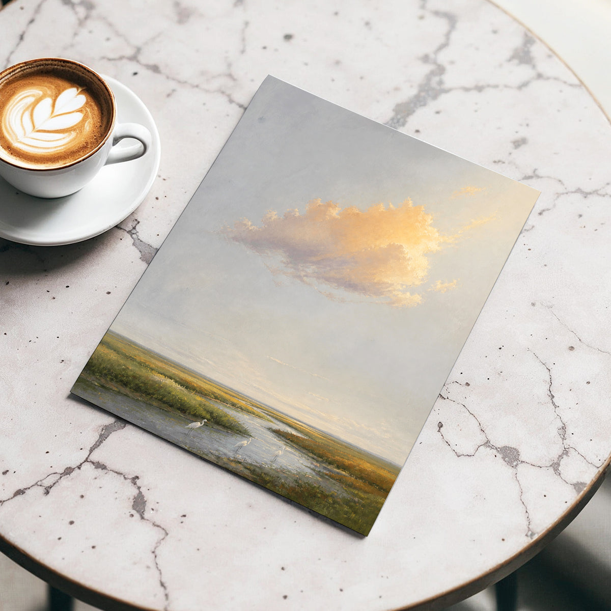Golden Cloud Over Marsh, gray, gold, green nature wall art displayed in a styled interior, gallery view 2