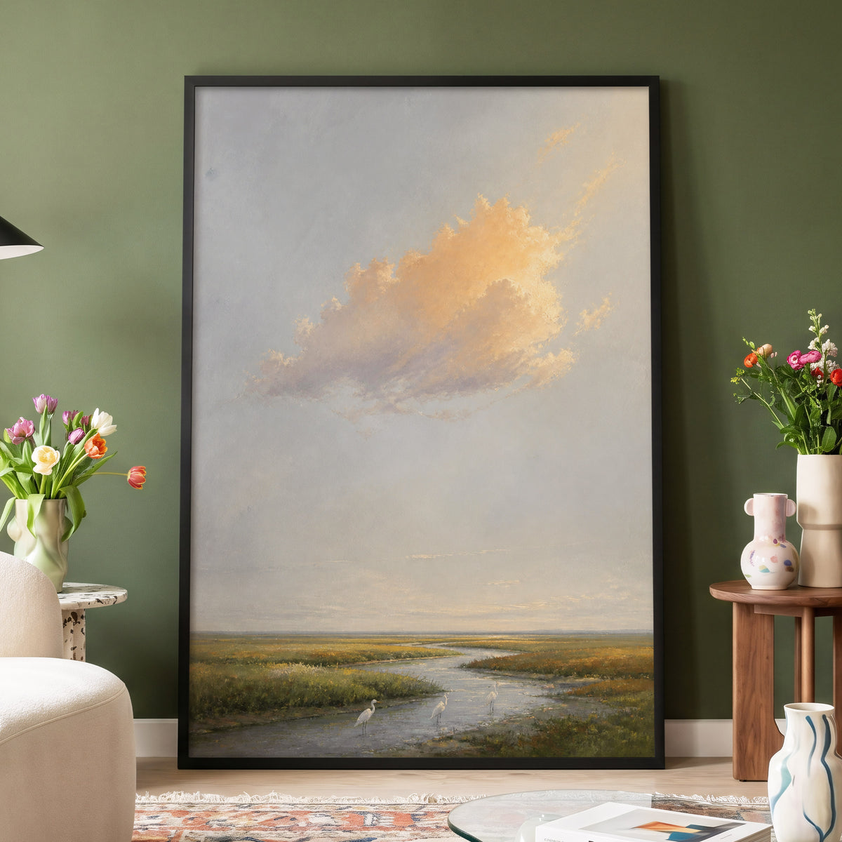 Golden Cloud Over Marsh, gray, gold, green nature wall art displayed in a styled interior, gallery view 3
