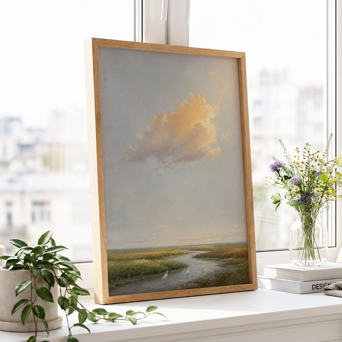 Golden Cloud Over Marsh, gray, gold, green nature wall art displayed in a styled interior, gallery view 4