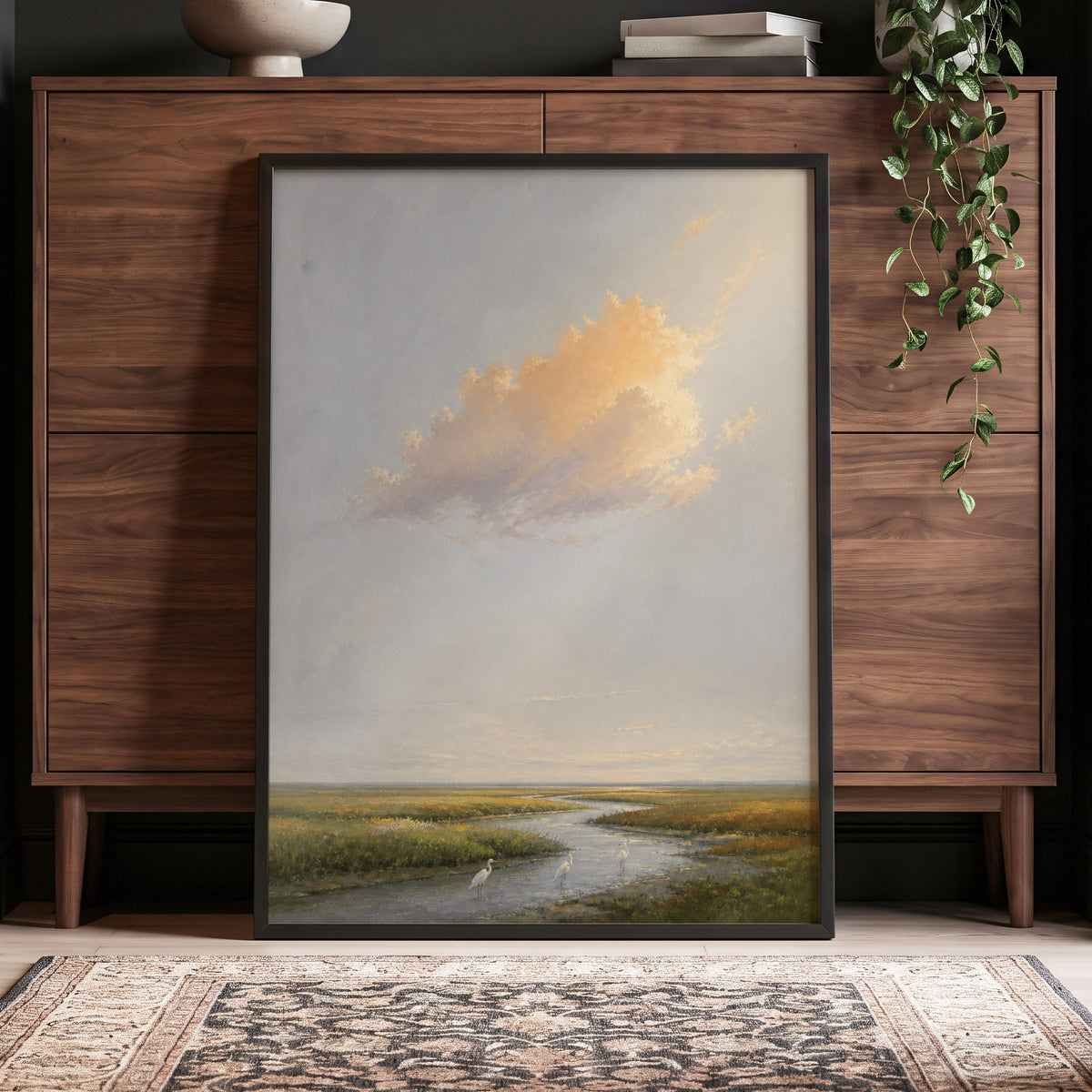 Golden Cloud Over Marsh, gray, gold, green nature wall art displayed in a styled interior, gallery view 5