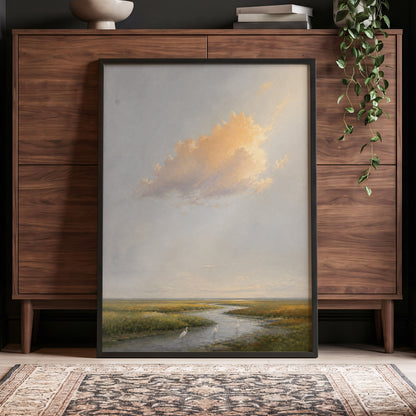Golden Cloud Over Marsh, gray, gold, green nature wall art displayed in a styled interior, gallery view 5