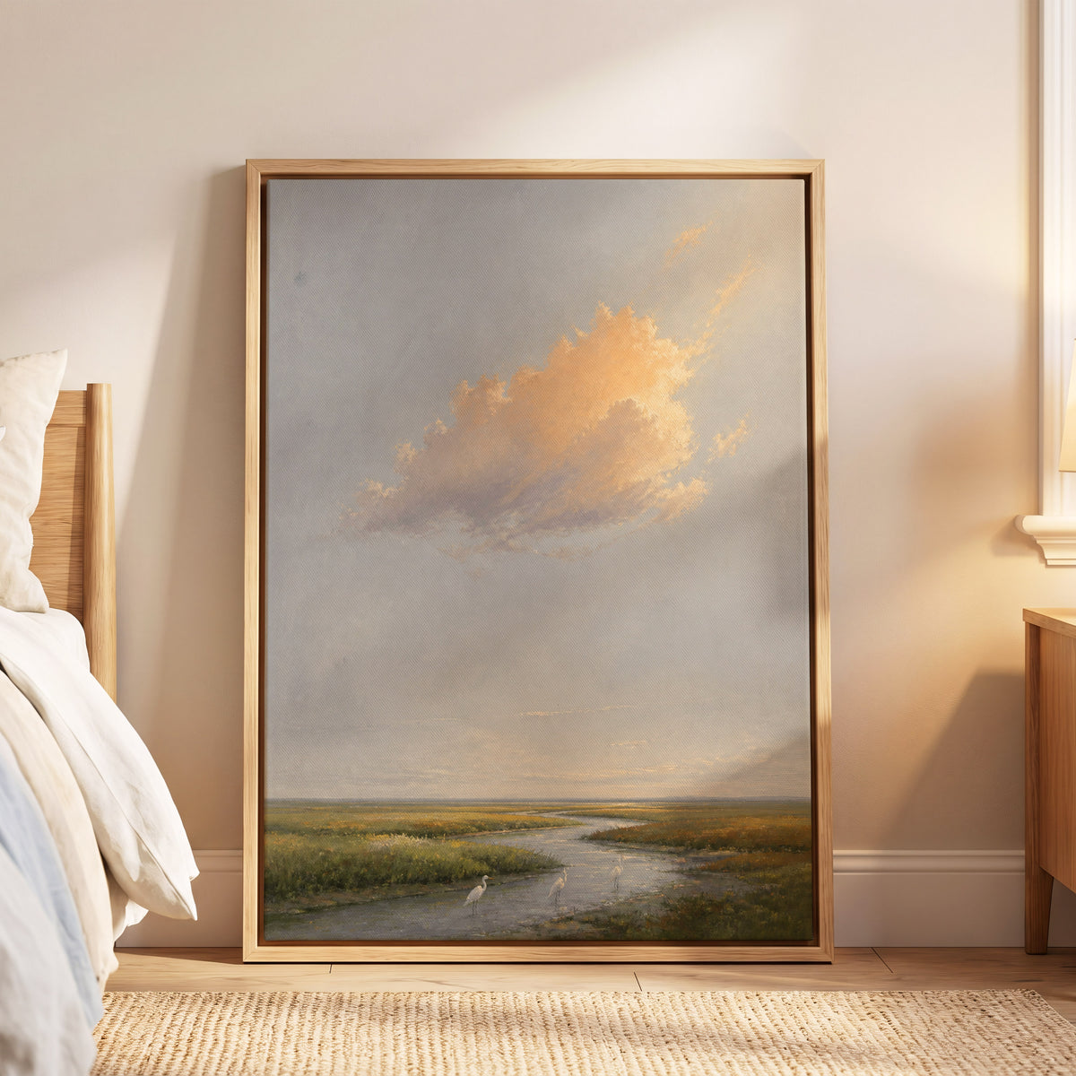 Golden Cloud Over Marsh, gray, gold, green nature wall art displayed in a styled interior, gallery view 6