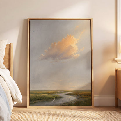 Golden Cloud Over Marsh, gray, gold, green nature wall art displayed in a styled interior, gallery view 6